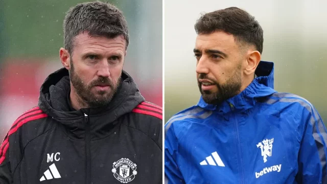 Michael Carrick dan Bruno Fernandes dalam foto berdampingan saat sesi latihan Manchester United
