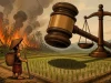 Ilustrasi kartun peladang Dayak dibayangi palu hakim dan timbangan di tepi hutan yang terbakar