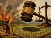Ilustrasi kartun peladang Dayak dibayangi palu hakim dan timbangan di tepi hutan yang terbakar