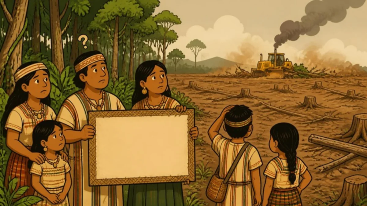 Ilustrasi kartun warga adat memegang dokumen kosong di tepi hutan, sementara buldoser membuka lahan di kejauhan