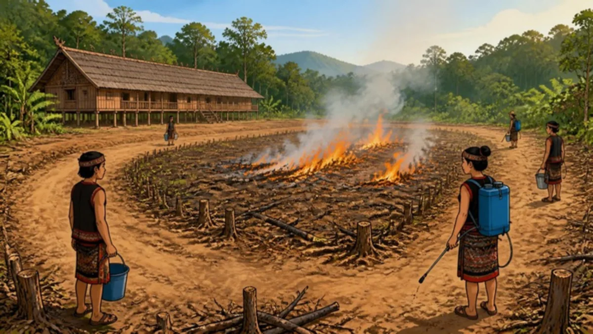 Ilustrasi kartun warga menjaga sekat bakar dengan ember dan tangki semprot saat api kecil menyala di ladang ume