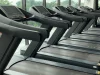 Ilustrasi deretan treadmill kosong di ruang kebugaran berjendela kaca