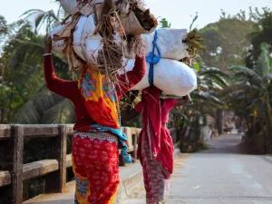 Dua perempuan menjunjung kayu bakar dan karung di jembatan jalan desa di Bangladesh