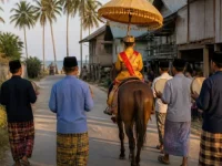 Ilustrasi anak berbusana adat menunggang kuda berpayung diiringi penabuh rebana bersarung, tampak dari belakang