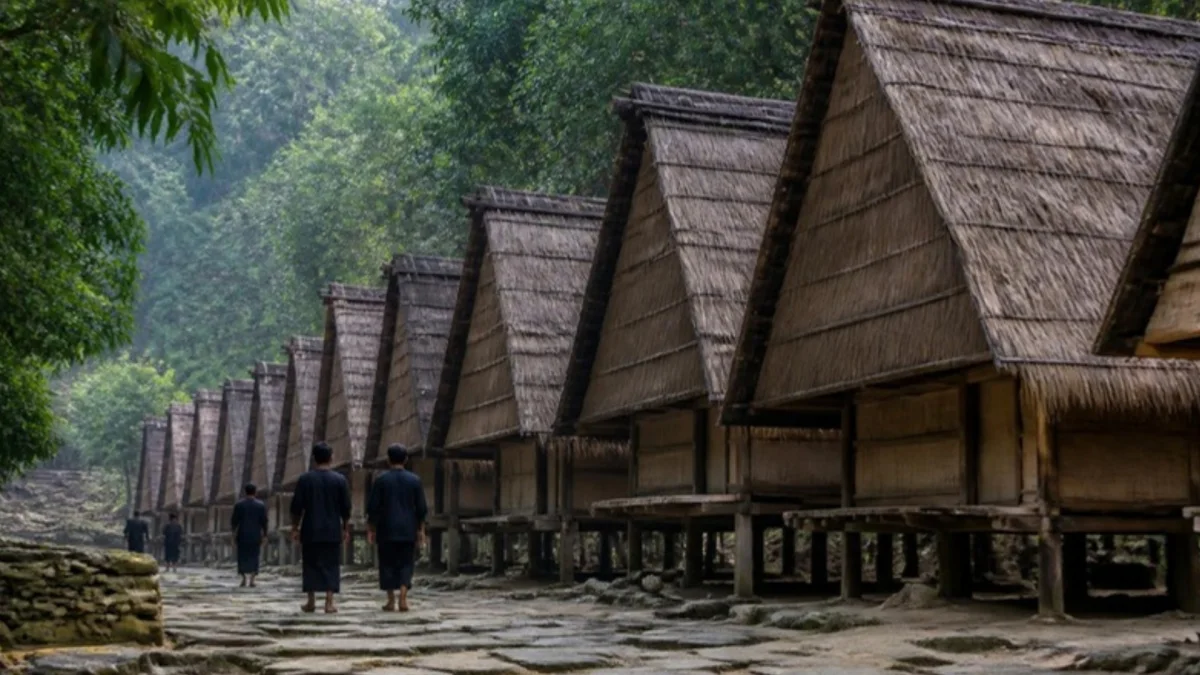 Ilustrasi deretan rumah kayu beratap rumbia dan warga berbaju hitam berjalan membelakangi