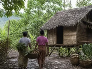 Ilustrasi dua perempuan membawa hasil kebun menuju rumah panggung beratap rumbia