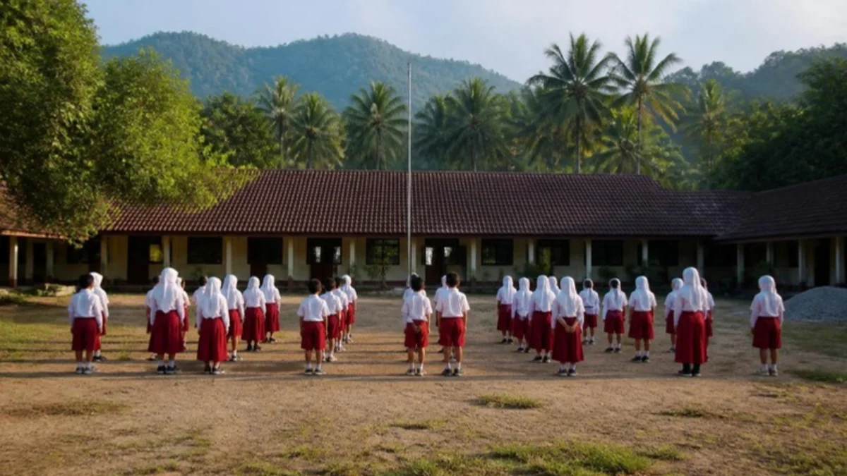 Ilustrasi murid SD berseragam merah putih berbaris di halaman sekolah desa berbukit