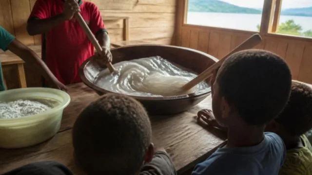 Ilustrasi papeda diaduk dengan tongkat kayu di mangkuk besar, anak-anak menonton dari belakang