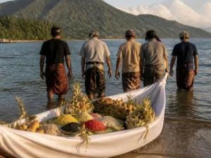 Ilustrasi perahu kecil berbalut kain putih berisi ketupat, ketan, dan buah di tepi pantai