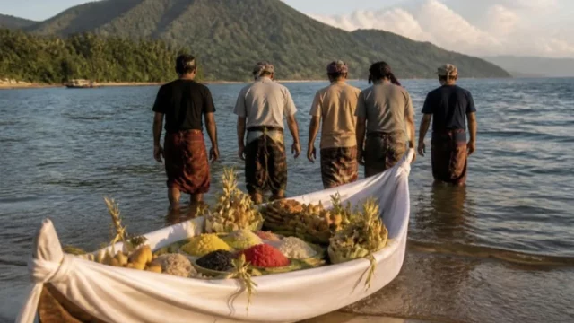 Ilustrasi perahu kecil berbalut kain putih berisi ketupat, ketan, dan buah di tepi pantai