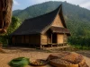 Ilustrasi rumah adat Sunda beratap ijuk di kaki gunung dengan sirih, pinang, dan nyiru