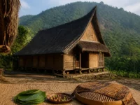 Ilustrasi rumah adat Sunda beratap ijuk di kaki gunung dengan sirih, pinang, dan nyiru