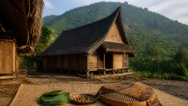 Ilustrasi rumah adat Sunda beratap ijuk di kaki gunung dengan sirih, pinang, dan nyiru