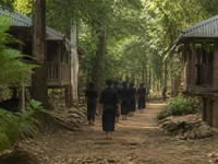 Ilustrasi warga berpakaian serba hitam berjalan di jalan tanah antara rumah panggung