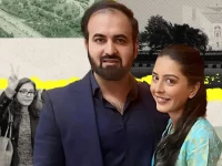 Grafis Amnesty menampilkan pengacara HAM Pakistan Imaan Mazari dan suaminya Hadi Ali Chattha