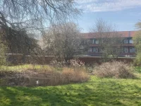 Ilustrasi ruang hijau dan deret rumah bata di lingkungan Oosterparkwijk, Groningen, Belanda