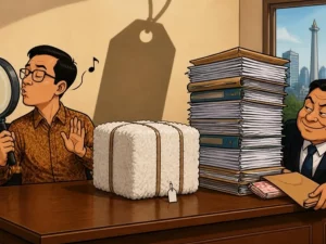 Ilustrasi kartun pemeriksa pajak memalingkan muka saat amplop diselipkan di bawah tumpukan dokumen ekspor pulp
