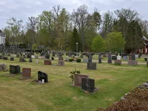 Deretan batu nisan di halaman makam Gereja Hallaryd, Swedia, dengan bangunan gereja putih
