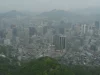 Ilustrasi pemandangan kota Seoul dari N Seoul Tower dengan udara keruh oleh asap dan debu