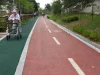 Lansia bermasker berjalan dengan alat bantu jalan beroda di taman bekas rel, Korea Selatan