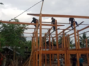 Ilustrasi warga bergotong royong mendirikan rangka kayu rumah panggung dalam tradisi mappatettong bola Bugis-Makassar