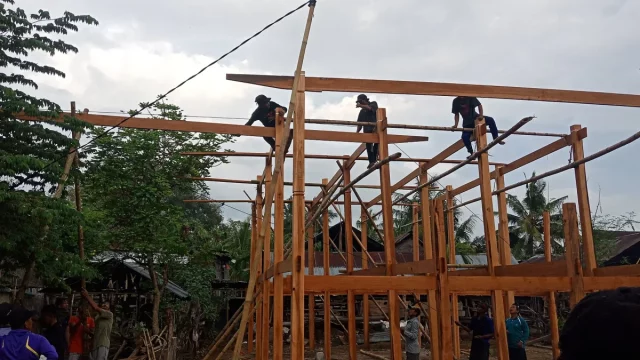 Ilustrasi warga bergotong royong mendirikan rangka kayu rumah panggung dalam tradisi mappatettong bola Bugis-Makassar