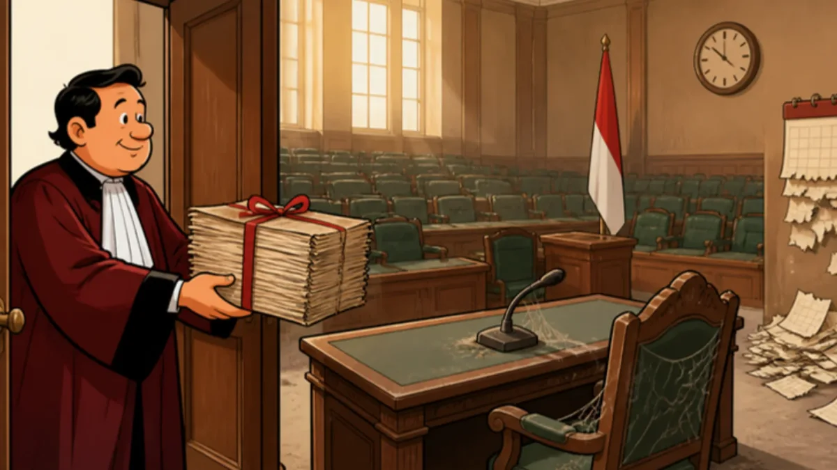 Ilustrasi hakim konstitusi menyerahkan berkas tebal ke ruang sidang legislatif yang kosong dan berdebu