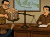 Ilustrasi auditor menuang berkas prosedur ke timbangan yang ditekan penyidik dari bawah meja, sementara pejabat berbatik ragu menandatangani dokumen