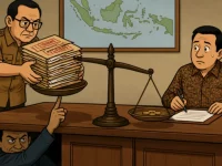 Ilustrasi auditor menuang berkas prosedur ke timbangan yang ditekan penyidik dari bawah meja, sementara pejabat berbatik ragu menandatangani dokumen