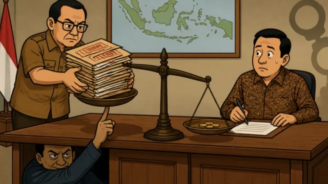Ilustrasi auditor menuang berkas prosedur ke timbangan yang ditekan penyidik dari bawah meja, sementara pejabat berbatik ragu menandatangani dokumen