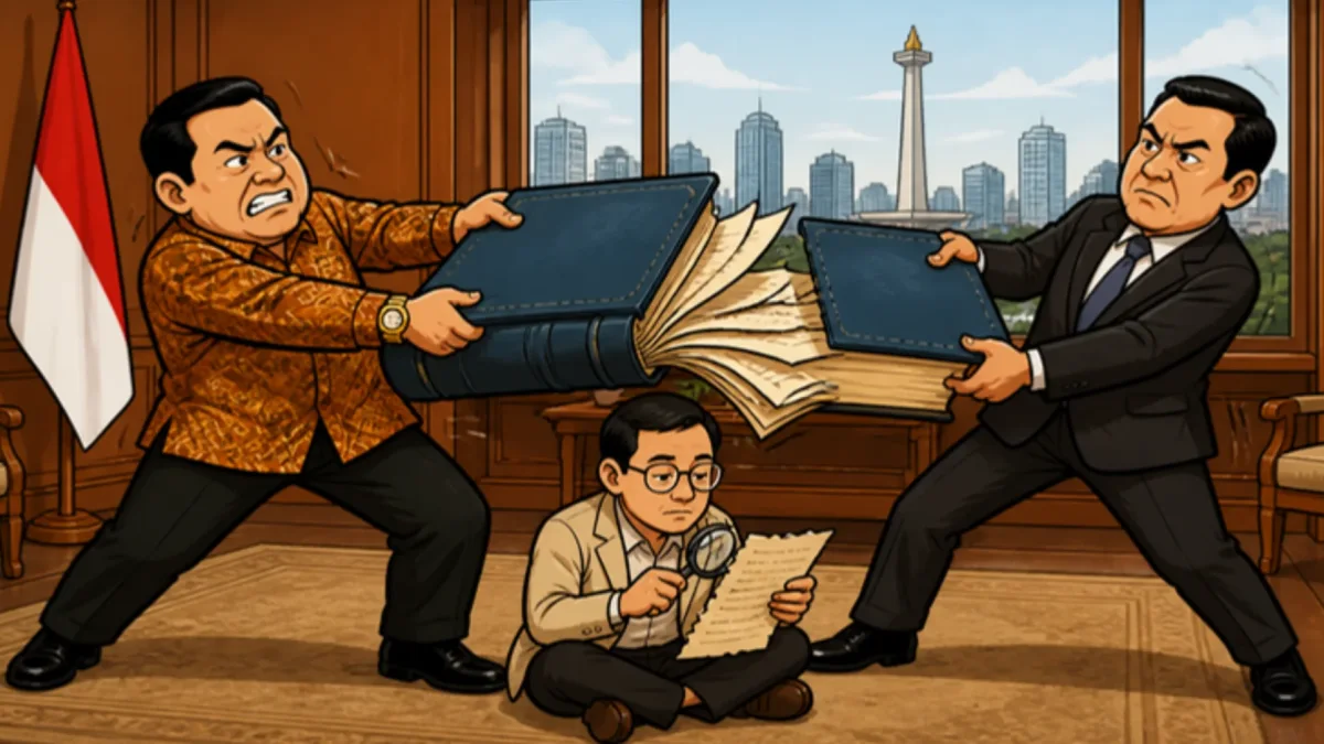 Ilustrasi dua pihak saling menarik satu buku konvensi internasional sementara seorang pembaca menelaah halamannya dengan kaca pembesar