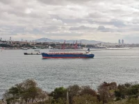 Kapal kargo melintas di depan derek peti kemas Pelabuhan Haydarpasa, Istanbul, Turki
