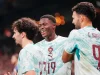 Vitinha merayakan gol Portugal bersama Nuno Mendes dan Goncalo Ramos