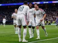 Pemain Real Madrid merayakan gol ke gawang Leipzig di Santiago Bernabeu