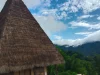 Ilustrasi atap ijuk menjulang rumah adat di Koanara dekat Taman Nasional Kelimutu, Kabupaten Ende