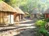 Ilustrasi deretan rumah honai berdinding kayu dan beratap jerami di tepi jalan tanah kampung, Papua