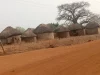 Ilustrasi kelompok rumah tanah liat bundar beratap jerami di tepi jalan tanah, Ghana
