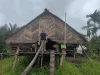 Ilustrasi uma, rumah panggung tradisional Mentawai beratap daun, di Pulau Siberut, Kepulauan Mentawai, Sumatera Barat