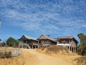 Ilustrasi tiga rumah panggung kayu warga di Desa Morengke, Bombana, Sulawesi Tenggara