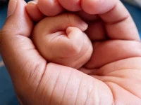 Ilustrasi kepalan tangan mungil bayi dalam genggaman tangan orang dewasa