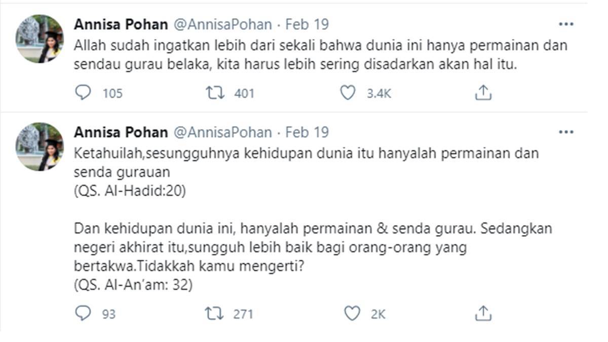 Kutip Ayat Al-Qur’an di Cuitan Twitter, Annisa Pohan Jadi Sorotan Netizen 2 Lampiran Gambar