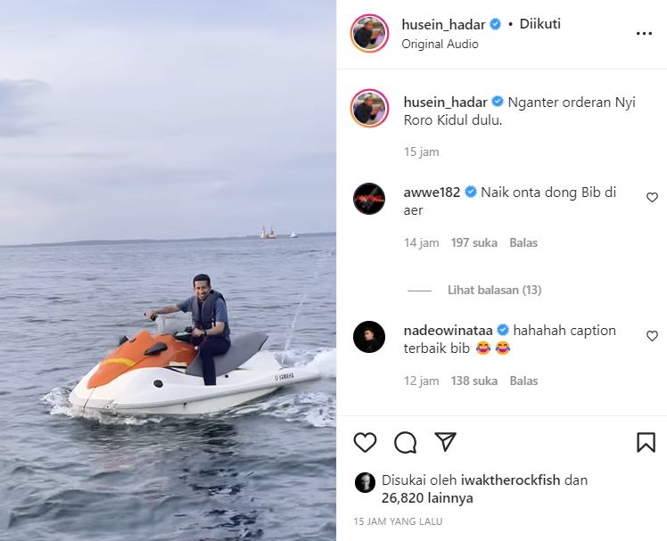 Pakai Jetski, Habib Husein Hadar Antar Pesanan Nyi Roro Kidul 2 Berita artis : Habib Husein Ja'far Al Haddar lontarkan candaan jika ia sibuk ngantar pesanan dari penguasa laut selatan yakni Nyi Roro Kidul