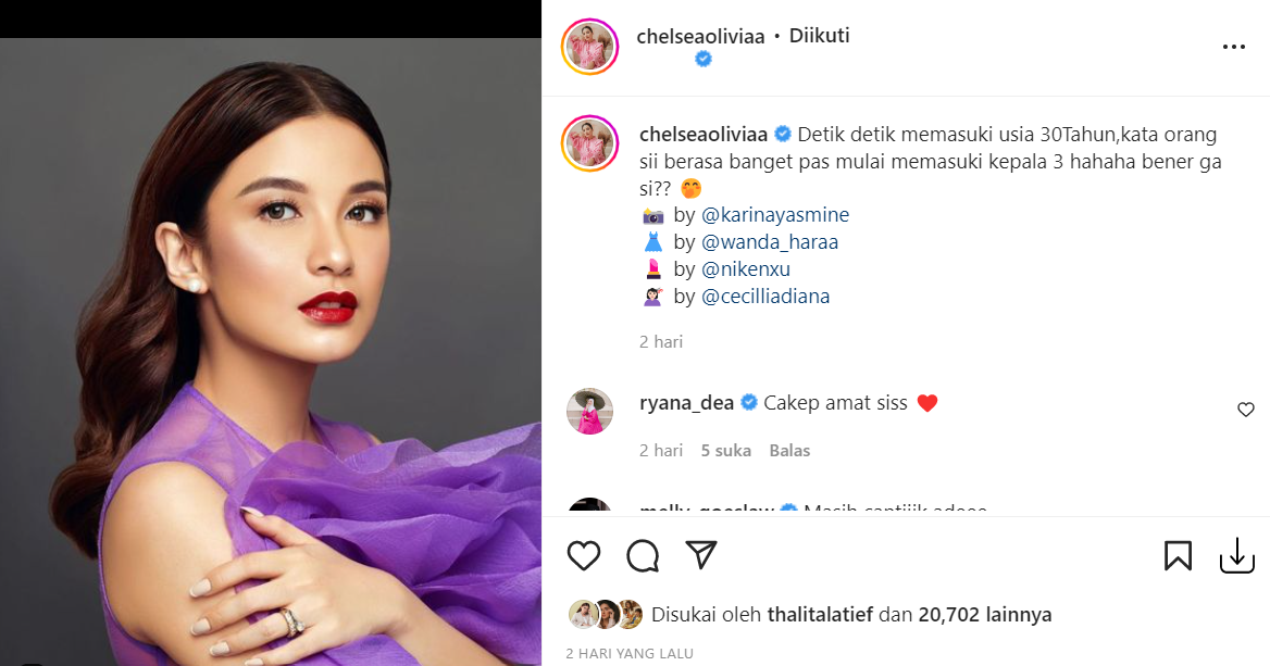 Potret Chelsea Olivia, Tetap Cantik di Usia Menuju Kepala Tiga 3 Chelsea Olivia menyebut bahwa dirinya akan genap berusia 30 tahun dalam unggahan terbarunya. Hal ini mendapat respon positif dari warganet.