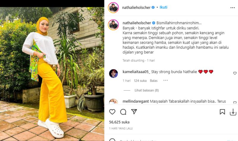 Berita artis: Nathalie Holscher minta perlindungan sekaligus dikuatkan imannya menghadapi berbagai cobaan pada kasus perceraian ini.