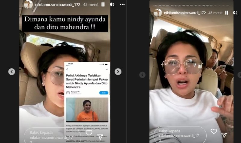 Nikita Mirzani minta netizen laporkan keberadaan Nindi Ayunda dan Dito Mahendra yang mangkir setelah keluarga surat perintah jemput paksa.
