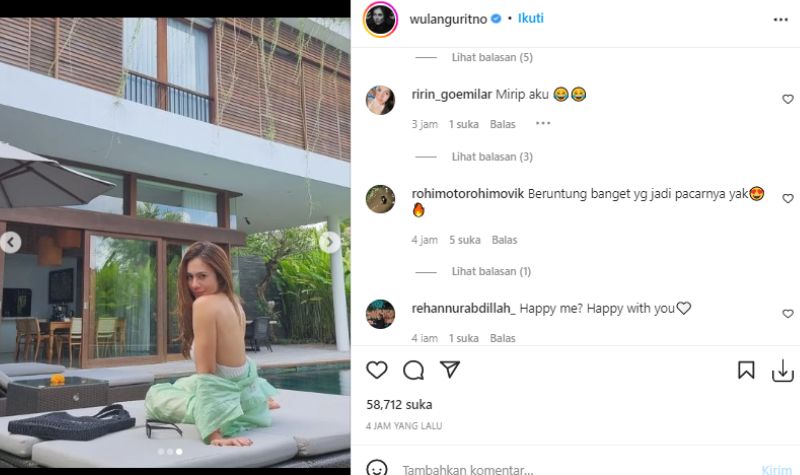 Wulan Guritno Selalu Seksi, Netizen: Kekasihnya Pasti Beruntung Memilikinya 4 Wulan Guritno kembali kenakan pakaian terbuka saat duduk di pinggir kolam renang, netizen sebut beruntung yang jadi pacarnya.