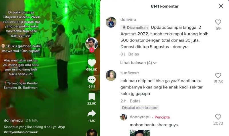 Videonya Viral, Netizen Kini Kumpulkan Donasi untuk Bapak Penjual Buku di Citayam Fashion Week 2 Lampiran Gambar