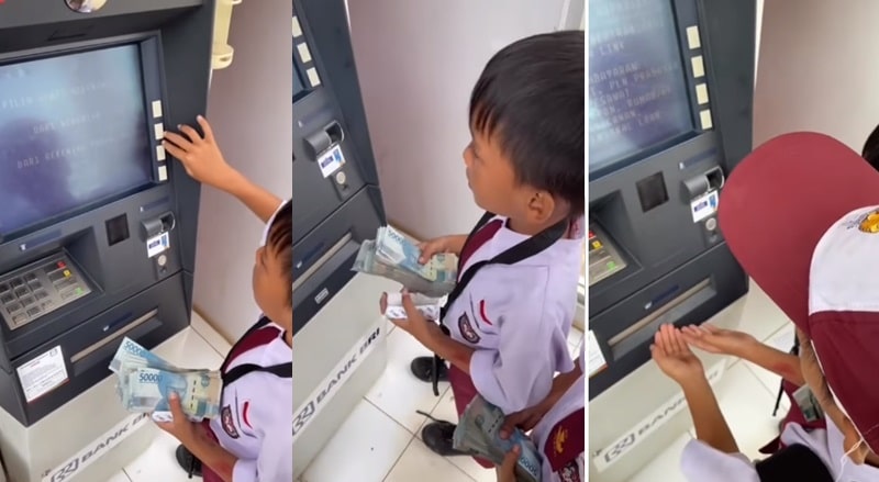 Viral video yang mempelihatkan dua orang anak berseragam Sekolah Dasar (SD) tengah mengambil segepok uang jutaan rupiah di ATM.