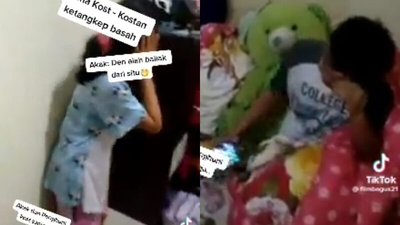 Sepasangn kekasih tertangka basah oleh teman-temannya yang sedang berduaan di dalam kamar kos, ia ngumpet di dalam selimut.