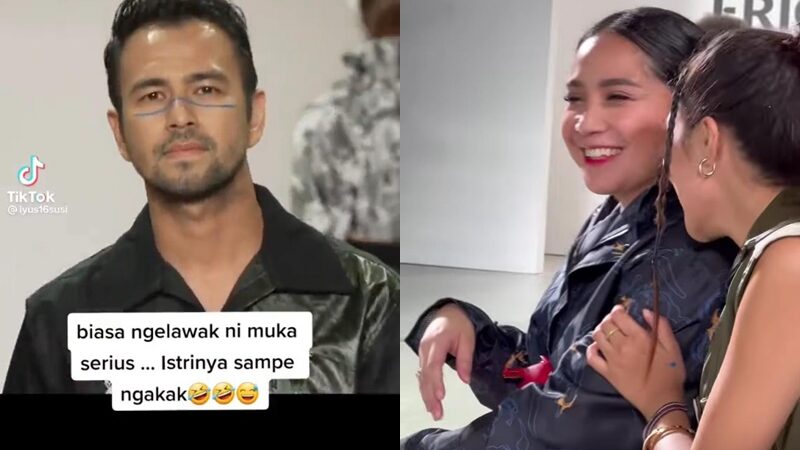 Nagita Slavina tertangkap kamera ketika menertawakan suaminya, Raffi Ahmad yang sedang tampil menjadi model di New York Fashion Week.